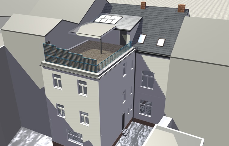 Errichtung einer Dachterrasse, eines Pavillons und eines Balkons, Sanierung der Fassade